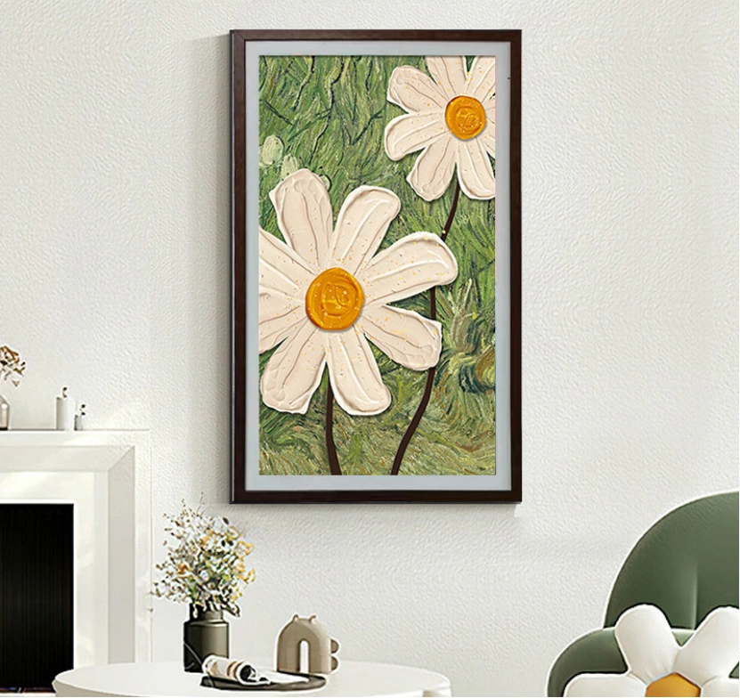 The image shows a framed painting of two large daisies with a textured, three-dimensional appearance