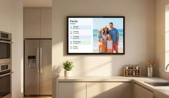 15.6-inch large display digital calendar mounted on a modern kitchen wall.