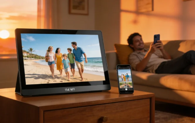 A family walking on the beach, with a digital photo frame displaying the same image