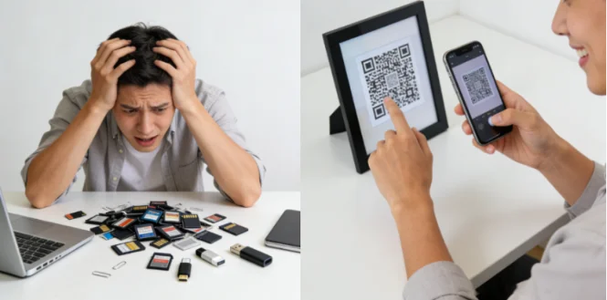 A person stressed with a pile of SD cards and USB drives, followed by a person scanning a QR code with a smartphone.