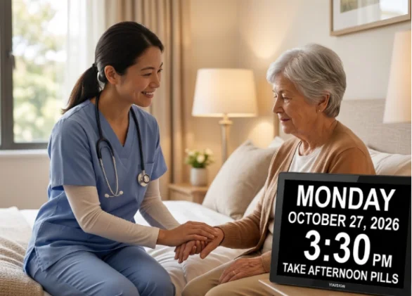 Caregiver assisting a senior with a digital clock showing time and medication reminder.