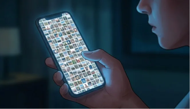 Illustration of a person overwhelmed by a dense photo grid on a smartphone at night.