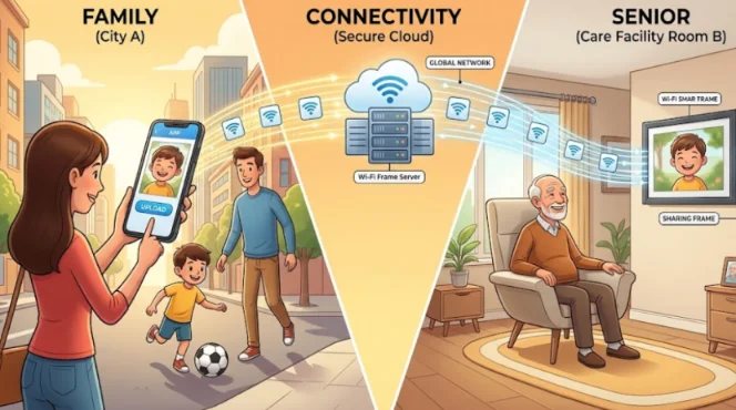 Infographic of remote photo sharing from a mobile app to a senior's smart frame.