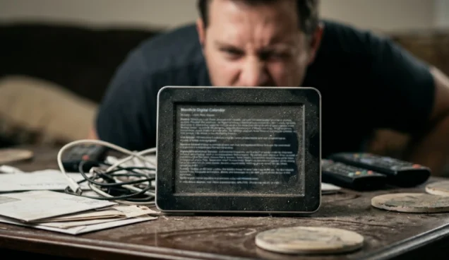 Man squinting at a tiny, dusty digital calendar on a messy table.