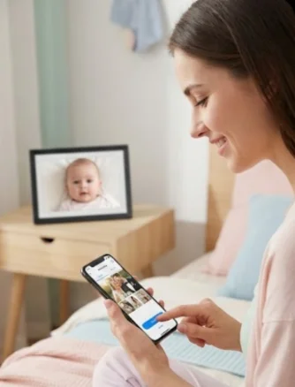 Mother instantly sharing baby photo to digital frame via smartphone app.