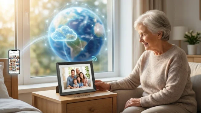 Senior woman smiling at a Wi-Fi smart photo frame with family photos.