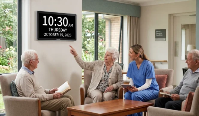 Seniors and caregiver in a care facility with a digital clock displaying the time and date.