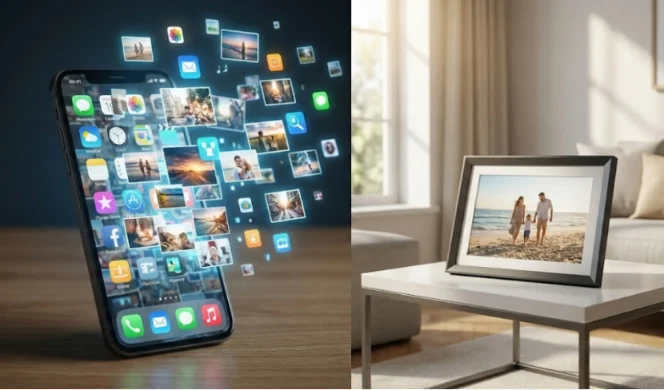 Split view of digital photo clutter on a phone versus a tidy smart frame display.