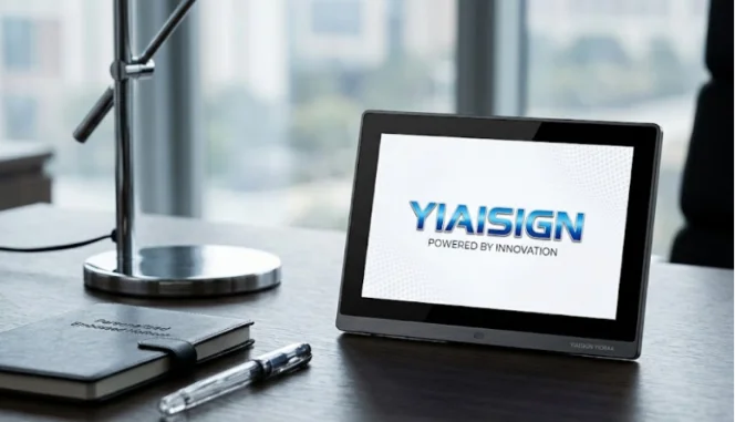 YIAISIGN digital photo frame displaying a custom brand boot screen.