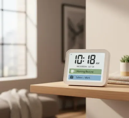 compact white digital day clock and family calendar