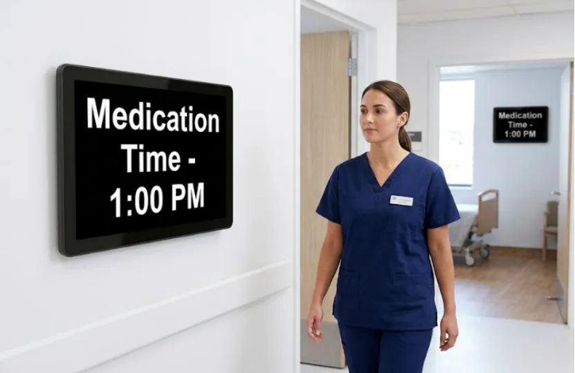 Caregiver walks by a wall-mounted clock in a facility showing a medication reminder.