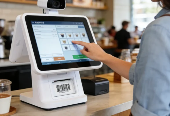 Customer using an Android self-checkout kiosk in a cafe.