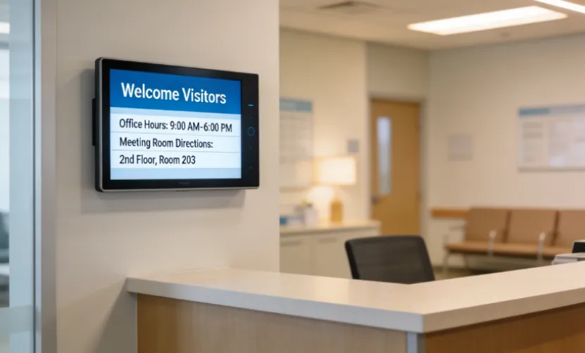 Digital signage for office reception area communication.