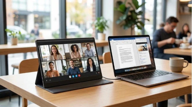 Dual-screen setup with a laptop and portable monitor on a cafe table.
