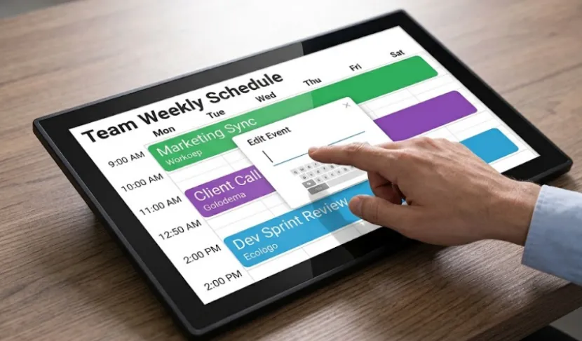 Hand touching a high-resolution touch screen calendar to update an event.