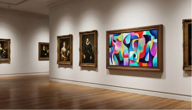 Large digital art frame showing vibrant abstract art in a traditional gallery.