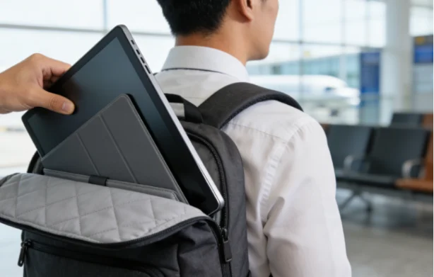 Packing a slim portable monitor into a travel backpack at an airport.
