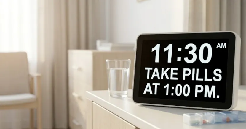 Reminder clock showing a medication alert next to a pill organizer.