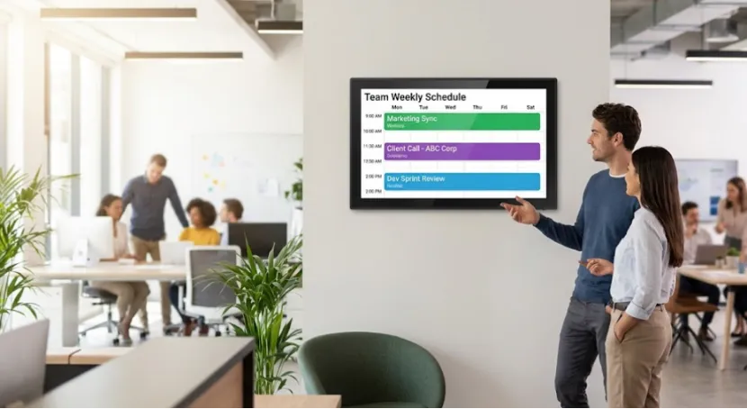 Wall-mounted digital team schedule display in a busy office.