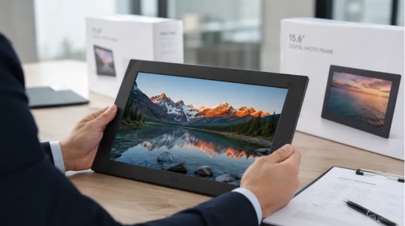 A business buyer inspecting a 15.6-inch digital photo frame on a desk with packaging boxes