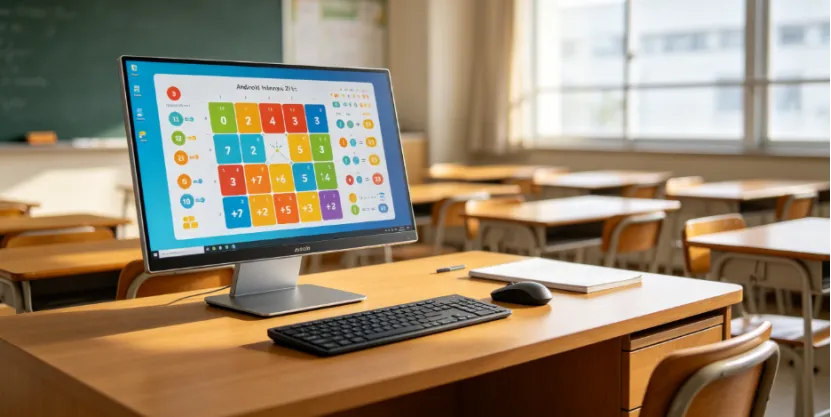 Android all-in-one desktop on a teacher's desk displaying interactive learning software