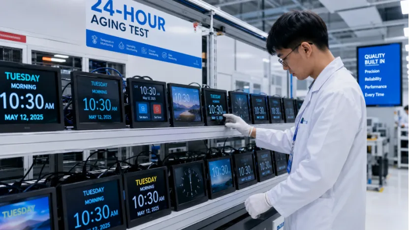 Digital day clocks undergoing factory 24-hour aging test