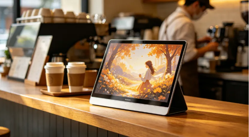 Digital photo frame showing an autumn illustration on a cafe counter