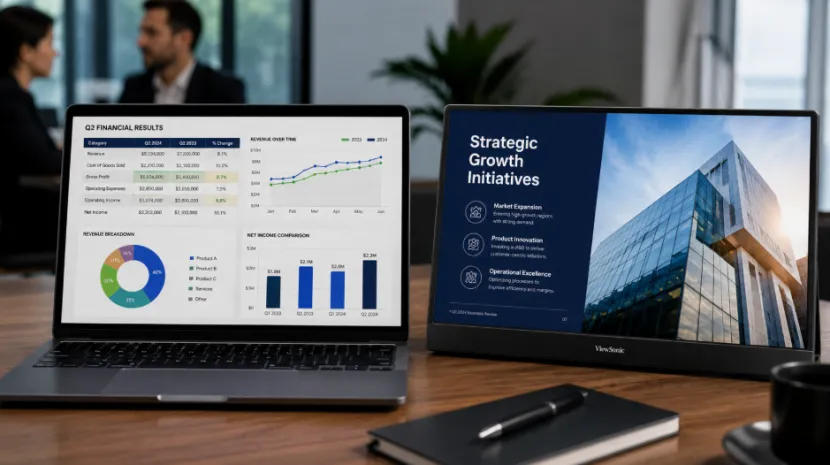 Laptop and portable monitor showing financial data in a meeting room