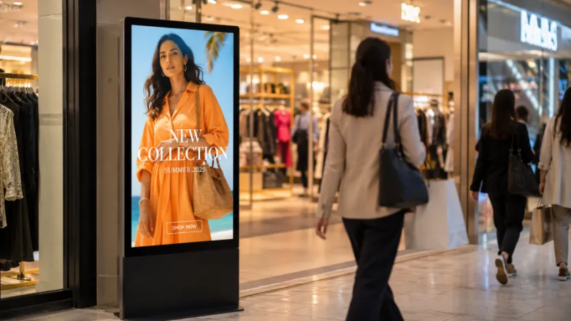 Large vertical digital signage screen at a mall store entrance