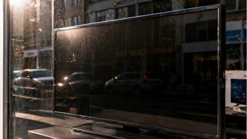 Standard TV with heavy glare and black screen effect in shop window