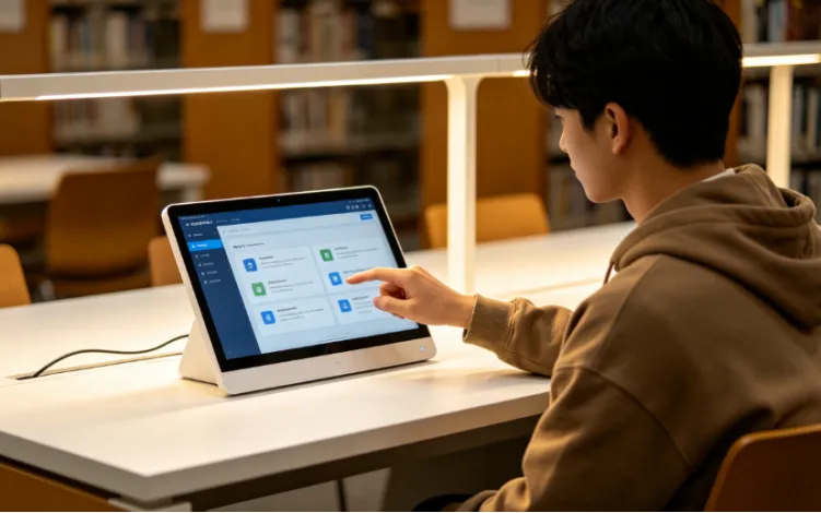 Student using a touchscreen learning terminal in a library setting