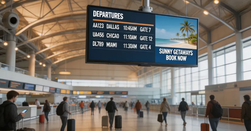 Suspended digital signage display in a busy airport terminal