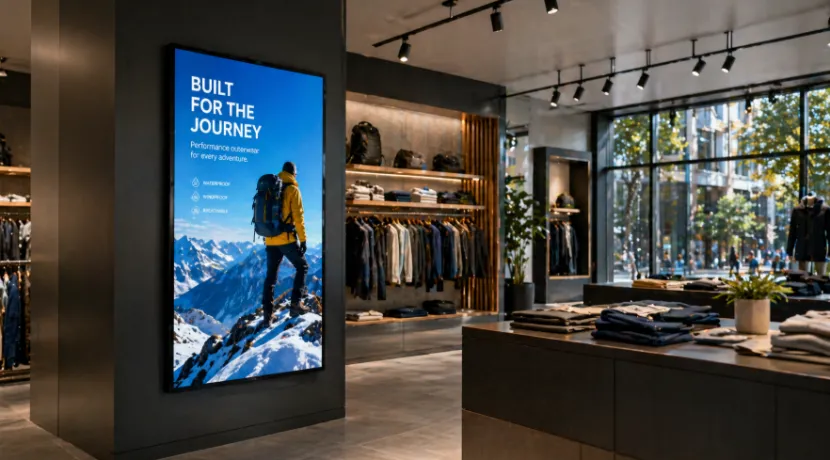 Wall-mounted commercial digital signage in a modern retail store