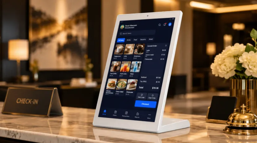 A clean L-shaped Android tablet displaying a POS menu on a reception counter