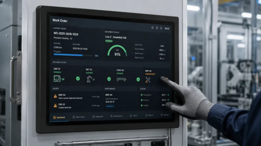 A gloved worker touching an industrial screen displaying a digital work order interface