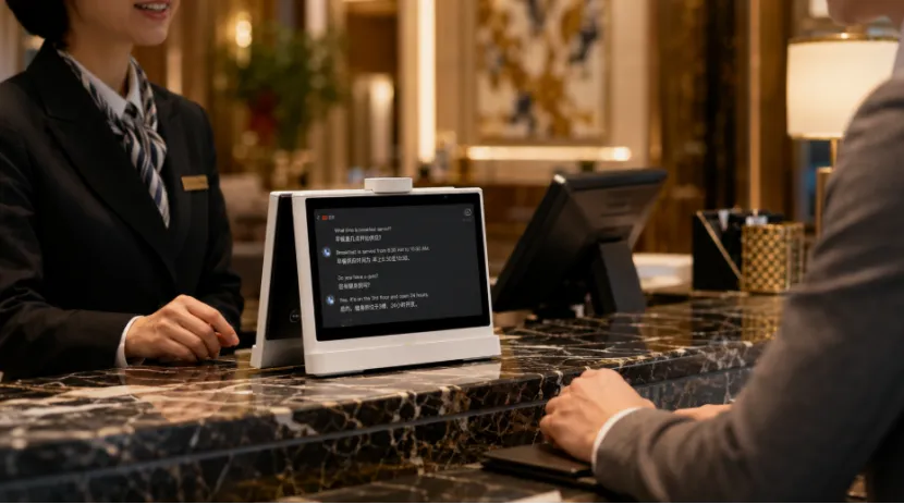 A hotel receptionist and a guest communicating through a white dual-screen AI translator on a marble front desk