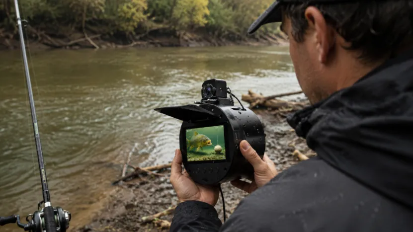 Angler on a riverbank looking at an underwater fishing camera monitor showing a fish