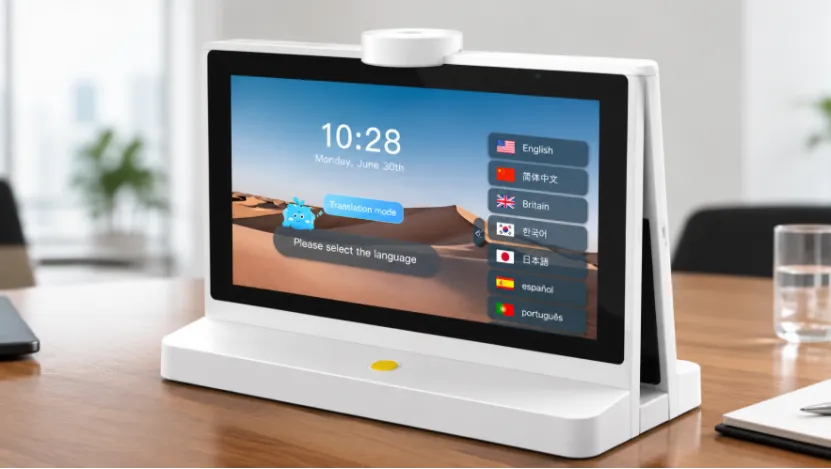Close-up of a white dual-screen smart translator device on a wooden desk showing language options