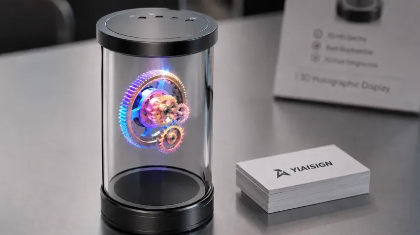 Cylindrical 3D holographic display projecting glowing gears next to YIAISIGN business cards