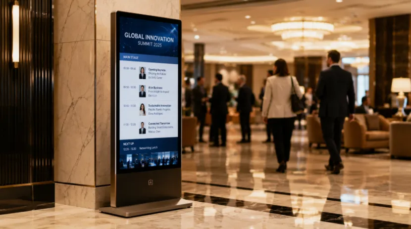 Floor-standing digital signage display showing a schedule in a hotel lobby