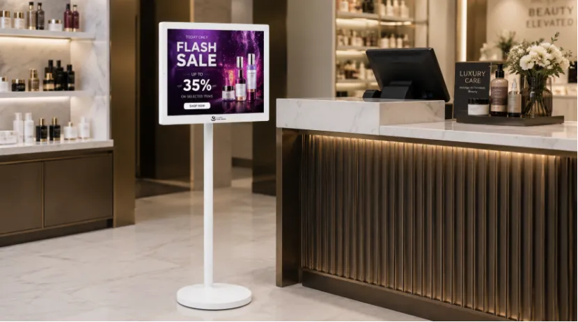 Floor-standing digital signage near a cosmetics store checkout counter
