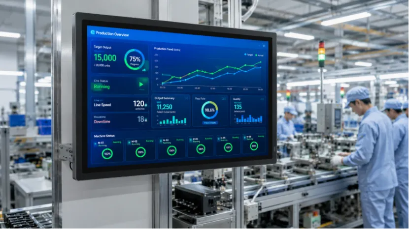Large digital display showing a production data dashboard mounted on a factory floor