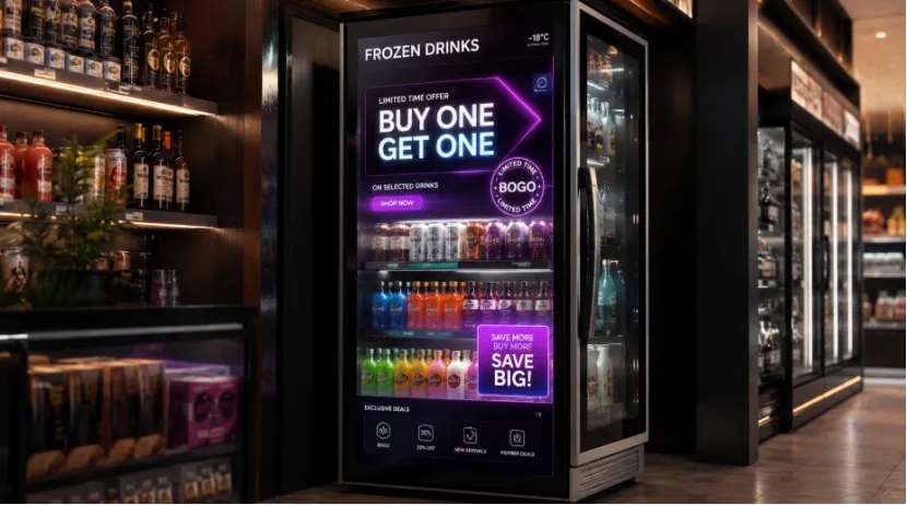 Modern smart freezer with a digital BOGO deal on the glass door