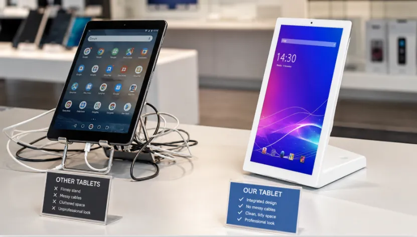 Side-by-side comparison of a messy standard tablet stand and a sleek L-shaped integrated screen