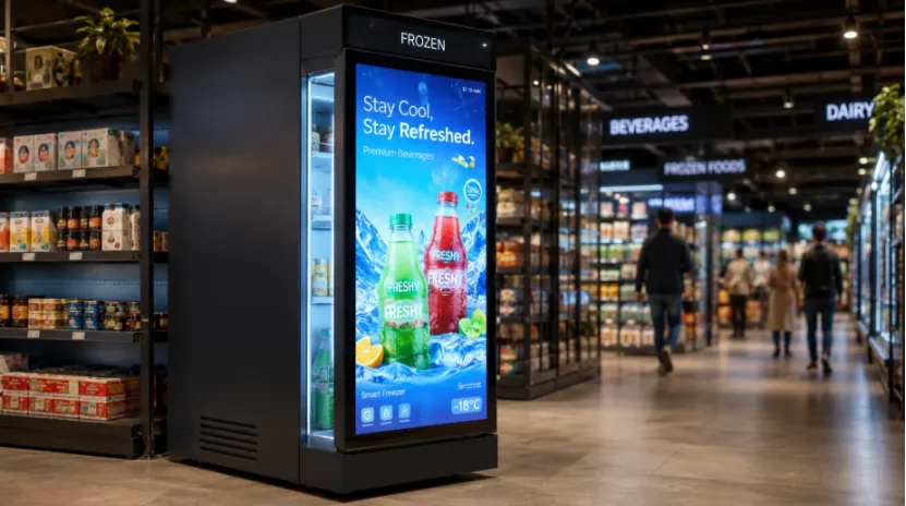 Supermarket smart freezer with a colorful digital ad on its glass door