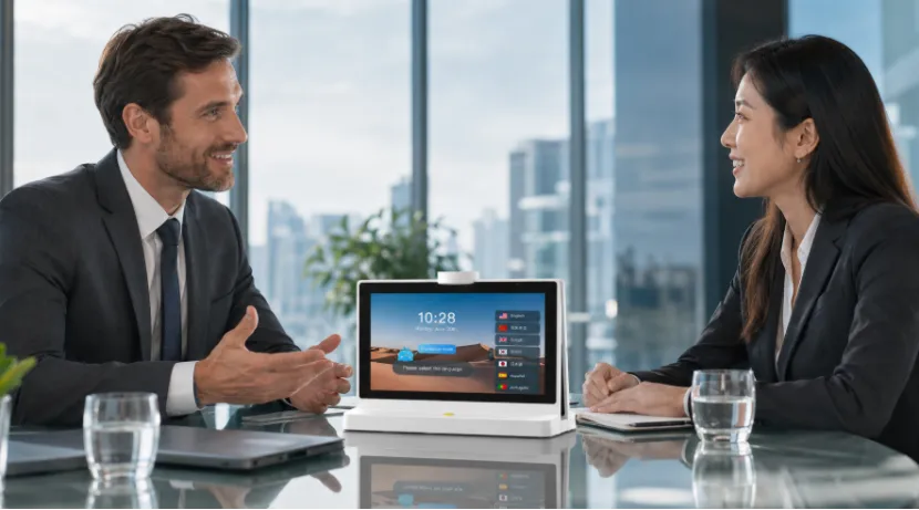Two business professionals smiling and talking in an office meeting using a dual-screen AI translator device