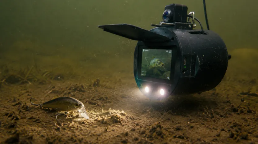 Underwater fishing camera with LED lights illuminating a lure near a muddy river bottom