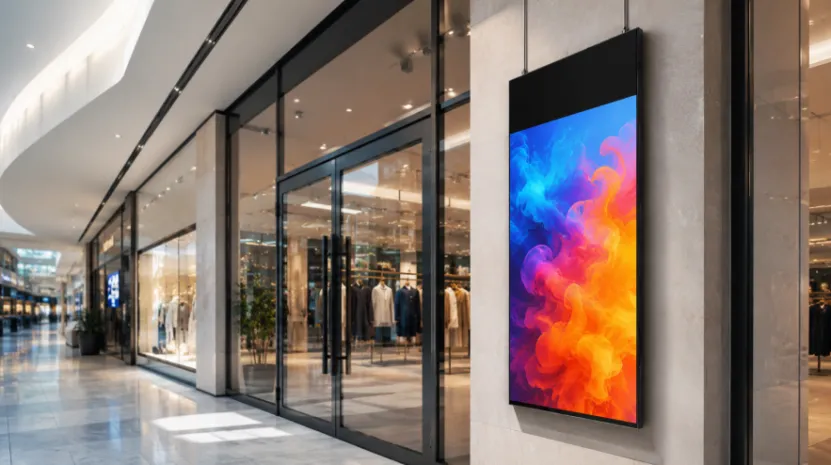 Wall-mounted custom digital signage display in a modern shopping mall