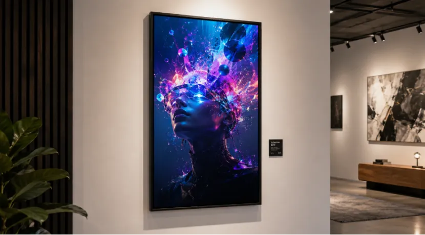 YIAISIGN vertical digital art frame displaying NFT artwork in a gallery