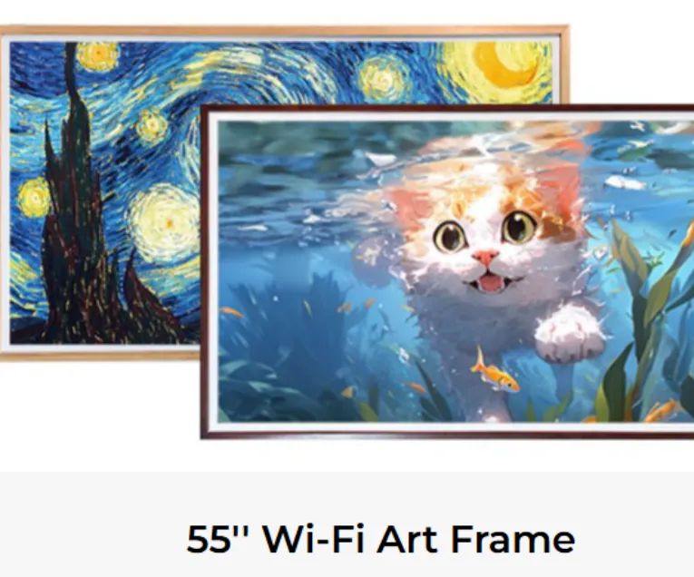 55-inch Wi-Fi digital art frames displaying Starry Night and an underwater cat